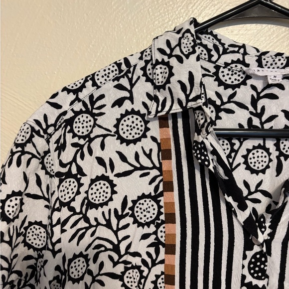 Jane + Delancey Mixed Floral Stripe Button Front Short Sleeve Top Size M Boho - Picture 6 of 8
